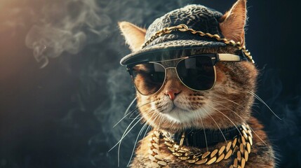 dj cat with  gold chain cap and glasses