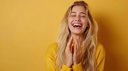 Portrait happy smiling pretty young blonde woman clapping hands an applause gesture. AI generated