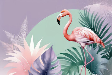 Watercolor composition summer landscape with flamingo.