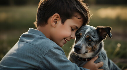 Child lovingly embraces his pet dog, a blue heeler
 .Generative AI