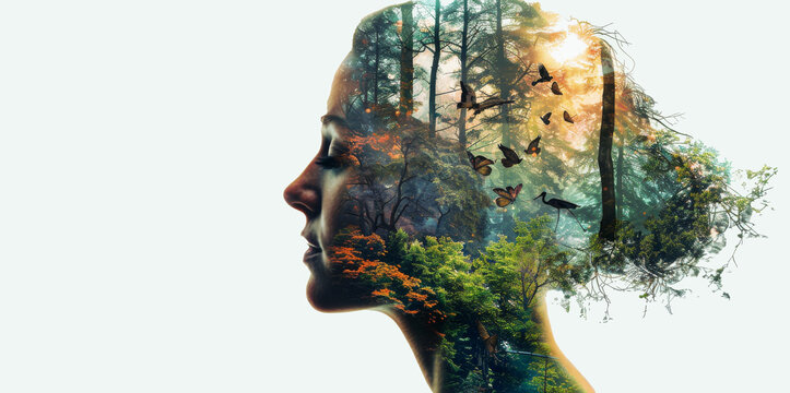 A creative double exposure image blending the silhouette of a woman's profile with a vibrant forest scene, symbolizing a deep connection with nature.