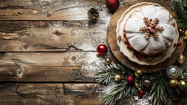 Traditional homemade winter greeting cake on wooden table. AI generated image