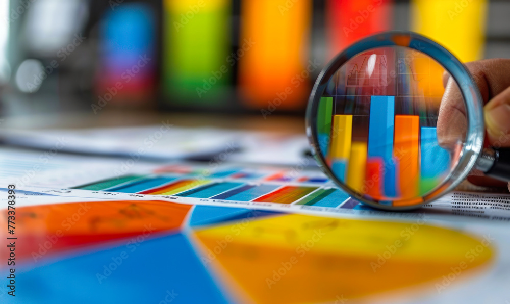Poster magnifying glass focusing on colorful bar graph and pie chart data visualization on financial report