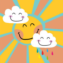 Print with cute sun and clouds. Poster for cards, massage, t-shirt, kids, Webb and other designs.