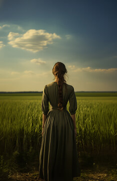 Historical young early american pioneer woman with a green dress and brunette braided hair overlooking a vast field. Vibrant cinematic sky. Pretty young New Englander farmer daughter. Green field