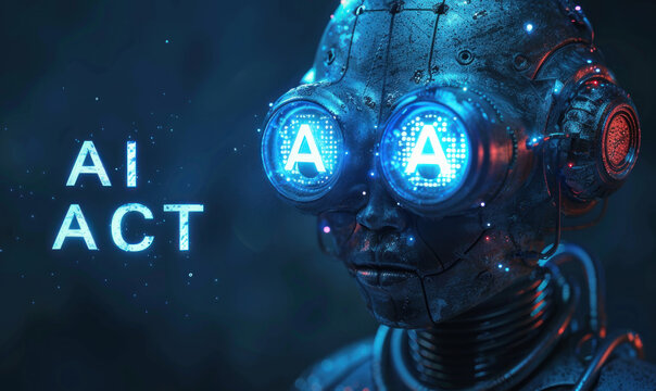 Futuristic cyber-android representing advanced artificial intelligence with illuminated neural network graphics across face and text AI ACT suggesting regulation or legislation around AI technology