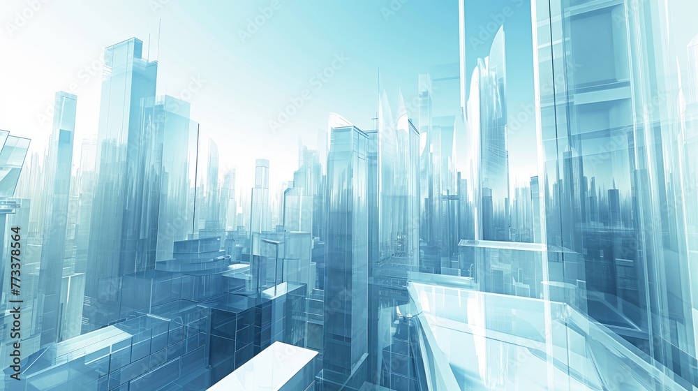 Poster Dynamic 3D cityscape with futuristic skyscrapers, A futuristic urban landscape rendered in dynamic 3D, characterized by towering skyscrapers and advanced architectural design.