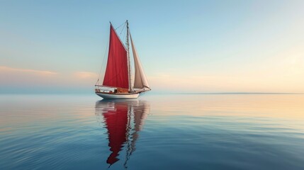 Traditional transportation retro style of small yacht with red sails in calm water bay. AI generated - obrazy, fototapety, plakaty