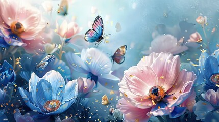 Fototapeta na wymiar colorful blue tropical morpho butterflies on delicate daisy flowers painted with oil paint