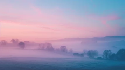 Papier Peint photo autocollant Rose clair Beautiful landscape pink blue pastel misty morning blur background. AI generated image