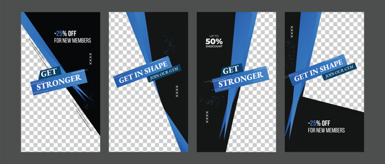 gym and fitness training promotion social media instagram stories collection template, gym, sports, yoga, fitness, workout web banner square background vector. 