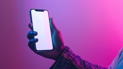 A Male hand holding smartphone with blank screen on vibrant neon color background. AI generated