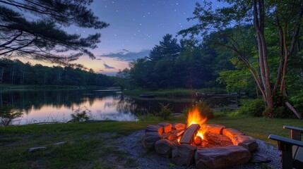 Embark on a summer wilderness adventure with a glowing campfire at dusk, casting a warm light to cherish nature's beauty and the starry night sky.