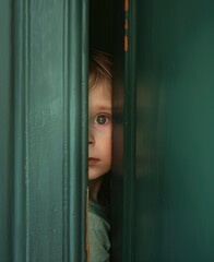 A child looks from behind the door..