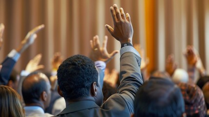 Multi-Ethnic Business Seminar: Rear View of Businesspeople Raising Hands