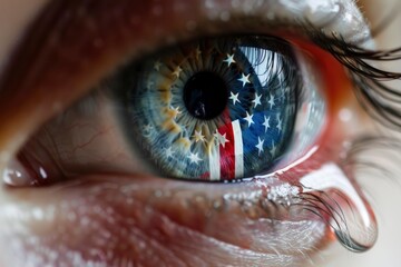 a closeup of an eye painted with the American flag's red, white, and blue colors. One eyelid is wet with tears. - obrazy, fototapety, plakaty