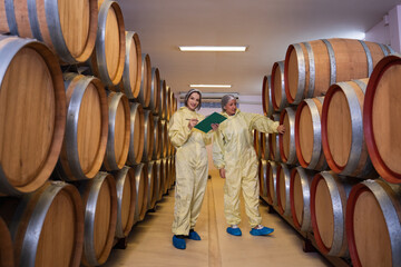 Workers examining barrels in a winery. Woman tasting and smelling wine in a cellar with wooden...