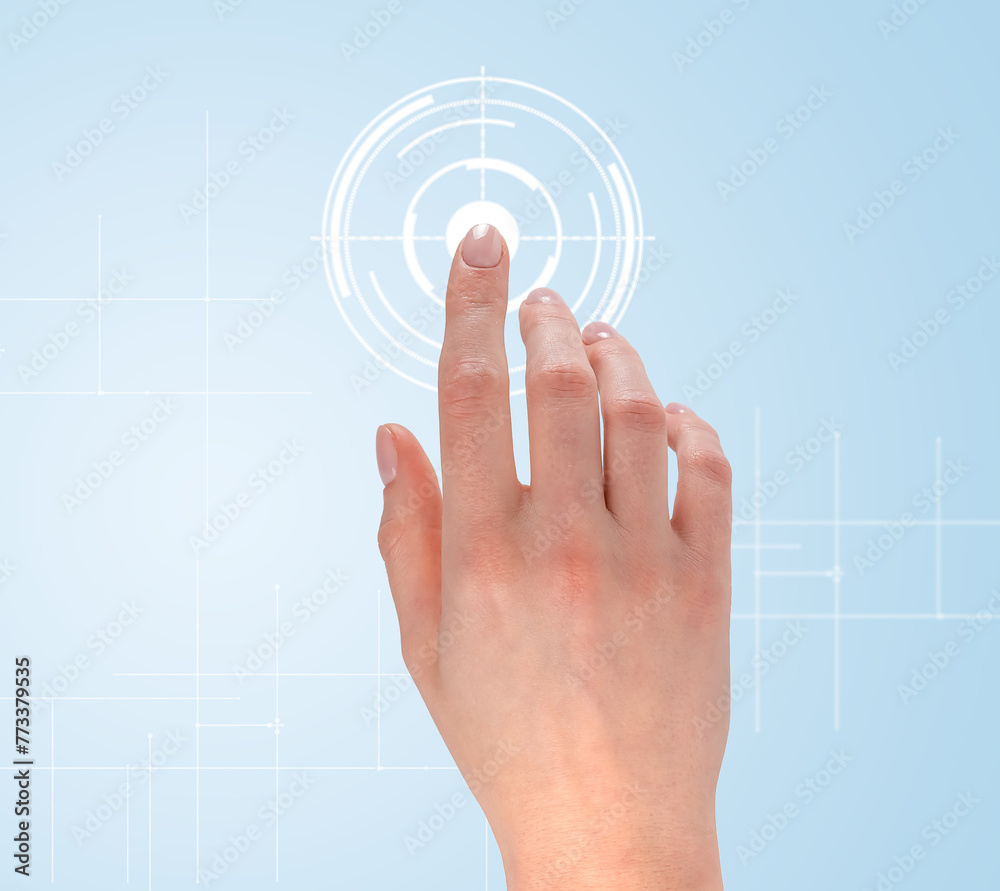 Poster finger touching digital button, electronic screen in cyberspace. abstract technology