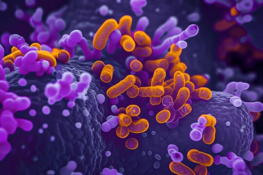 Colony of purple and orange bacteria seen under a microscope