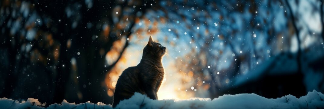 cat sitting in the snow outside at winter night.