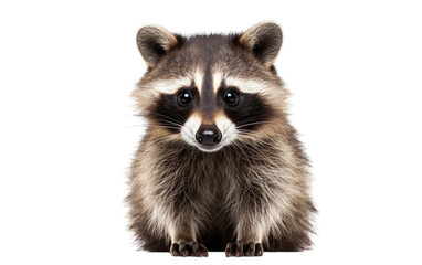 A raccoon with dark fur and a mask-like face is making direct eye contact with the camera - obrazy, fototapety, plakaty