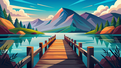 wooden-pier-overlooking-the-lake-and-mountain-vect  - obrazy, fototapety, plakaty