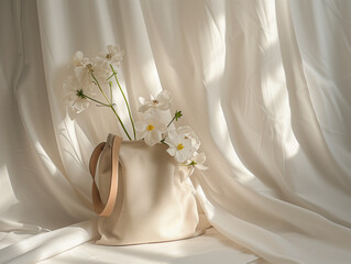 Elegant canvas tote bag with a serene floral arrangement in a tranquil background.