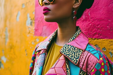 Editorial shot with a focus on the vibrant colors and patterns of a fashion ensemble, A captivating editorial shot highlighting the vibrant colors and intricate patterns of a fashion ensemble