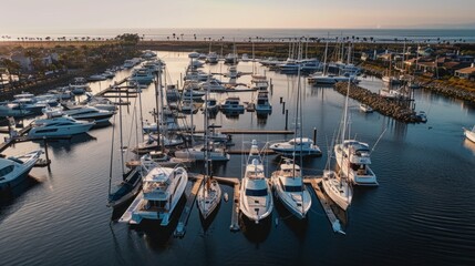 Aerial view showing a busy marina jam-packed with numerous white boats moored along the docks - obrazy, fototapety, plakaty