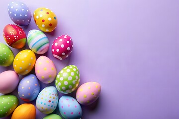 Easter celebration concept. Top view picture of Easter eggs on isolated pastel purple background with copy space.