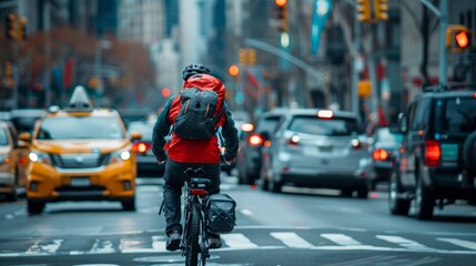 A man, working as a bicycle courier, navigates through traffic on a bustling city street
