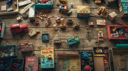 Various vintage toys and board games are scattered across a table in a commercial photography setting