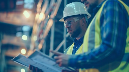 Two men in hard hats and safety vests closely examine a blueprint, focusing on details and discussing construction plans