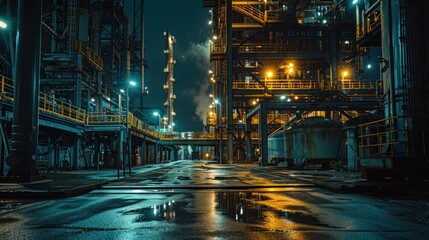As day turns to night, the factory remains alive with activity, a beacon of progress in the darkness. - obrazy, fototapety, plakaty