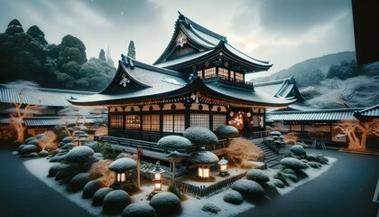 Traditional Japanese Temple with Christmas Lights in Kyoto