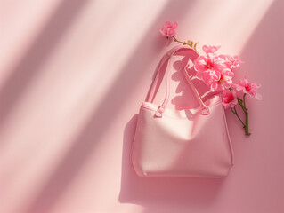 Pastel pink leather tote bag with delicate pink flowers on a soft, shadow-patterned background.