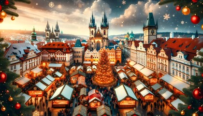 Vibrant Christmas Market in Prague with Festive Stalls - obrazy, fototapety, plakaty