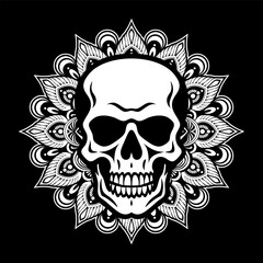 skull with mandala black white ornamental background