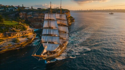 A large historic tall ship, with full sails raised, majestically sails through a body of water - obrazy, fototapety, plakaty