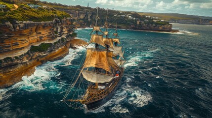 A historical tall pirate ship with sails unfurled cruising in the ocean near a towering cliff