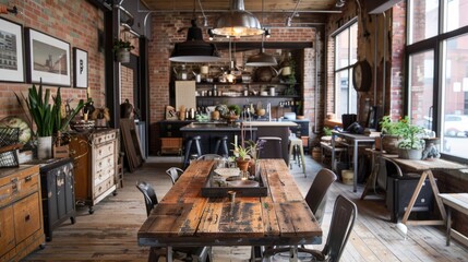 A long wooden table sits inside an industrial loft kitchen with exposed brick walls and high...