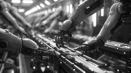 The robotic arms work tirelessly, their movements synchronized in perfect harmony. - obrazy, fototapety, plakaty