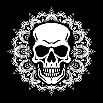 skull with mandala black white ornamental background