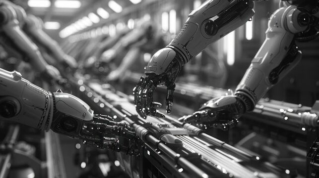 The robotic arms work tirelessly, their movements synchronized in perfect harmony.