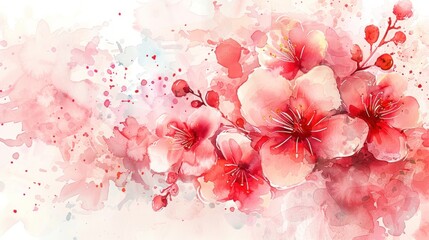 Beautiful cherry blossom flower watercolor splashes background,invitation wedding card. AI generated