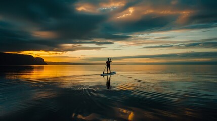 Fototapeta na wymiar A person standing on a surfboard in the water, gliding across the calm surface against a dusky sky backdrop