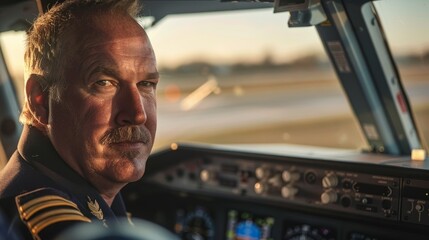 A man, the pilot, sits in the airplane cockpit, focusing on reviewing various instruments and checklists before takeoff - obrazy, fototapety, plakaty