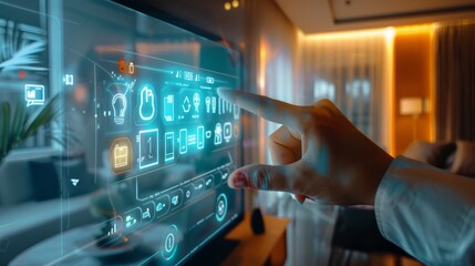 A person is pointing at a large screen displaying various icons related to smart home control panel - obrazy, fototapety, plakaty