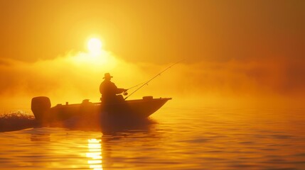 A man is seen fishing on a small boat as the sun sets, casting warm light over the scene - obrazy, fototapety, plakaty