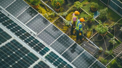Two men stand side by side near a solar panel, demonstrating sustainable construction practices in action - obrazy, fototapety, plakaty